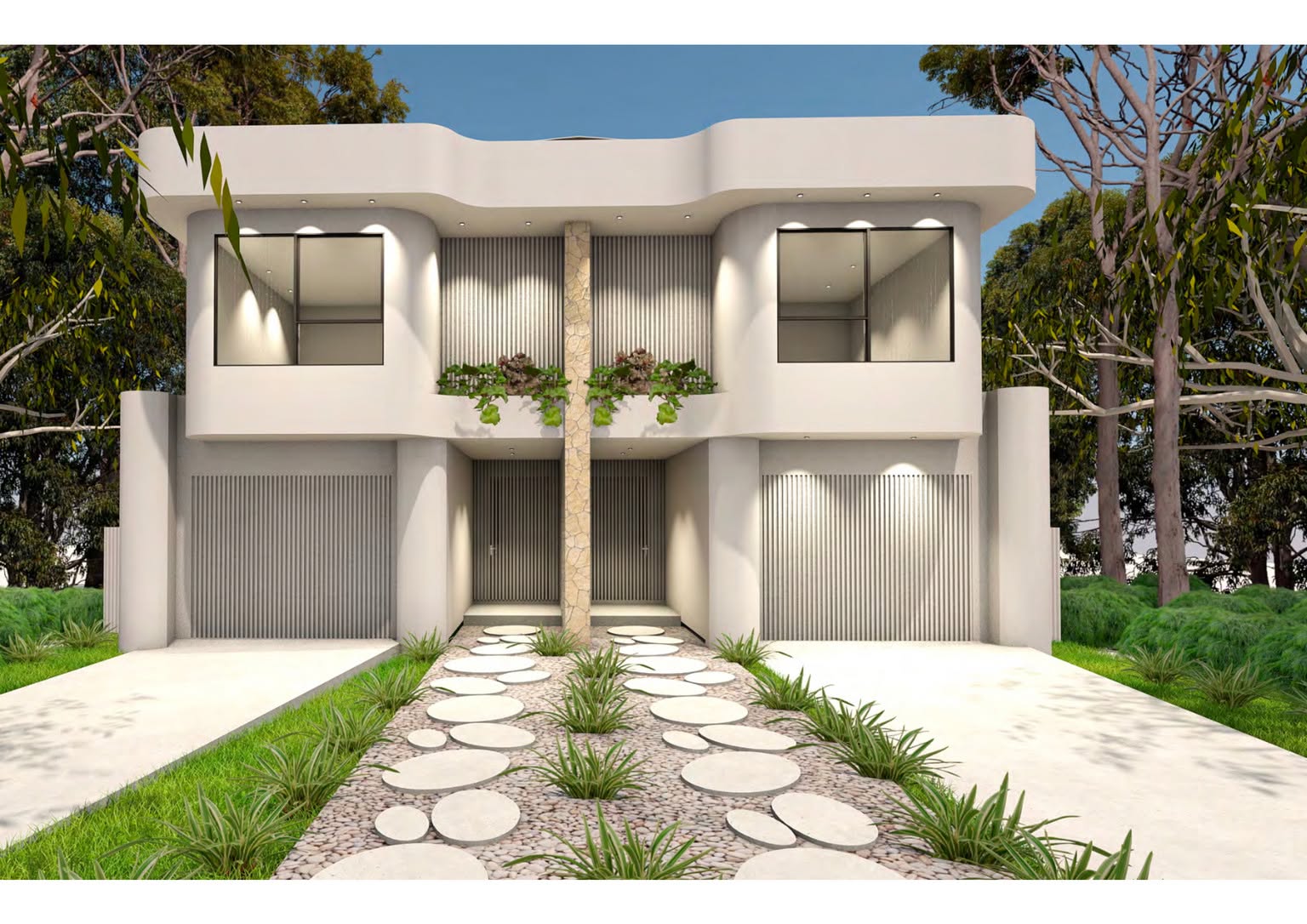 Render of a contemporary coastal duplex with curved parapet and stone feature