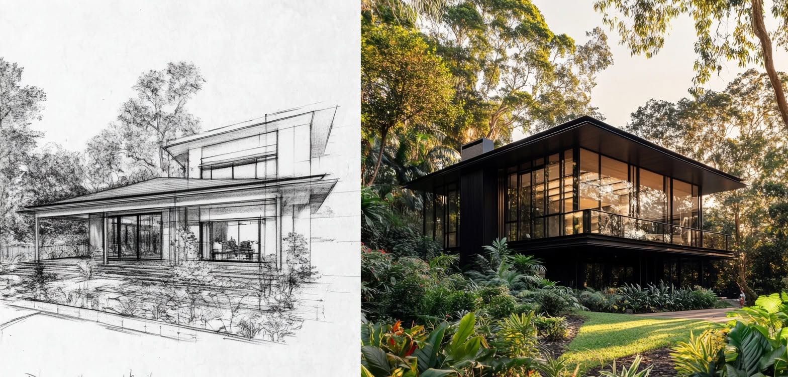 Design sketch transitioning into a completed home among coastal gums