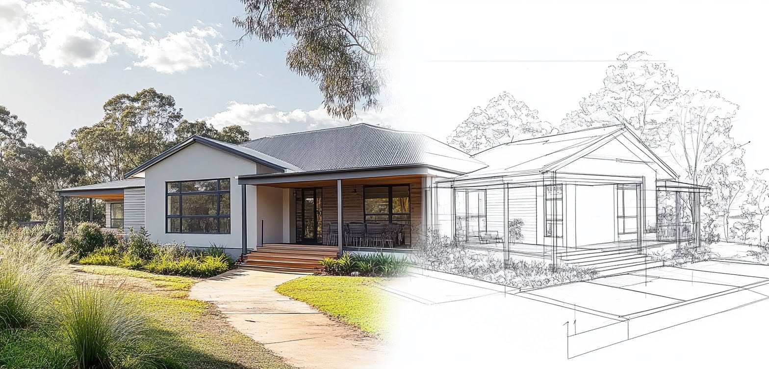 Concept sketch blending into a finished single storey home with a timber deck