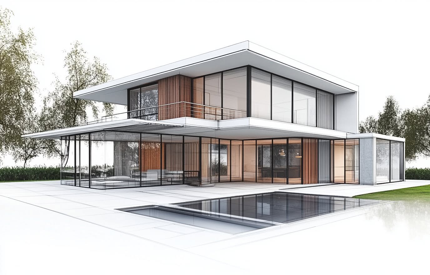 Architectural render of a modern two storey home with glazing and a lap pool
