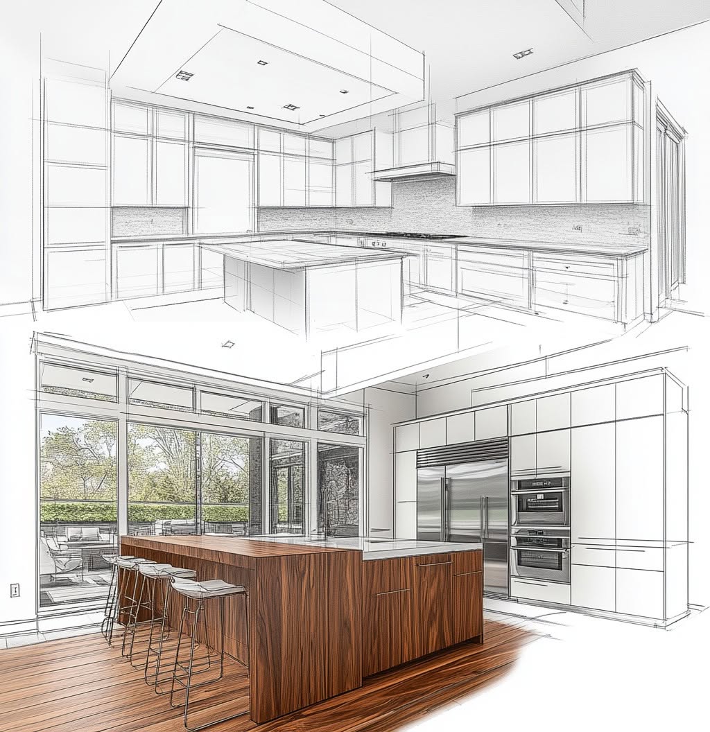 Kitchen design sketch transitioning into the finished timber island bench