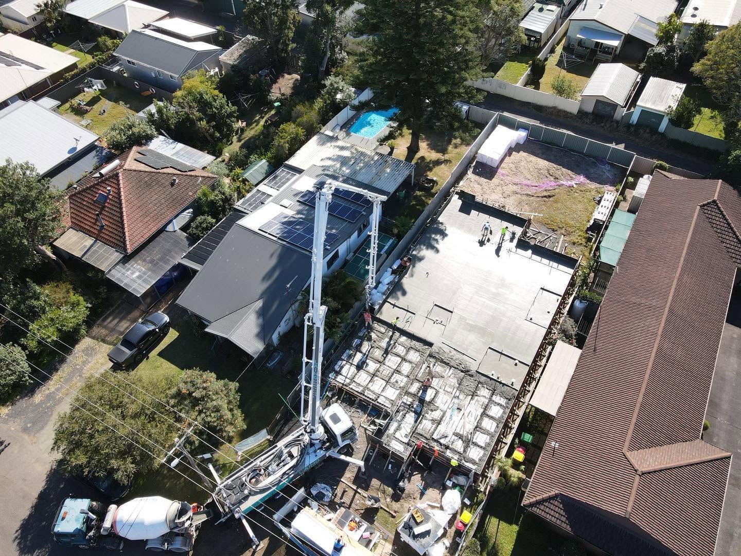 Aerial view of a Central Coast knock down rebuild with a concrete slab pour underway